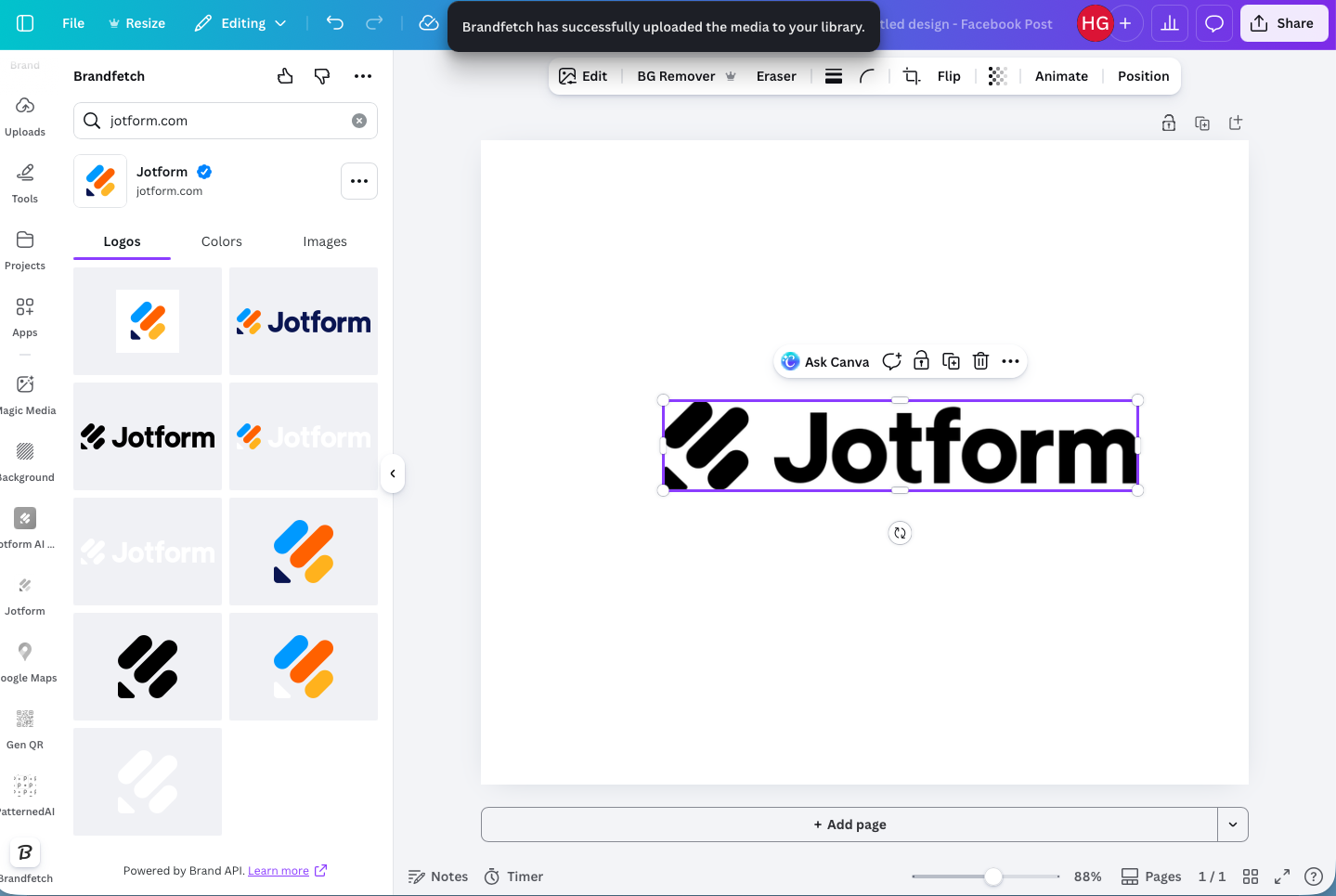 Canva editor with the Brandfetch sidebar open displaying Jotform logos while a selected Jotform logo is placed on the canvas