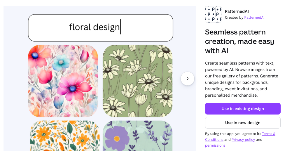 Screenshot of the PatternedAI app page showing generated floral pattern previews and options to use the app in Canva