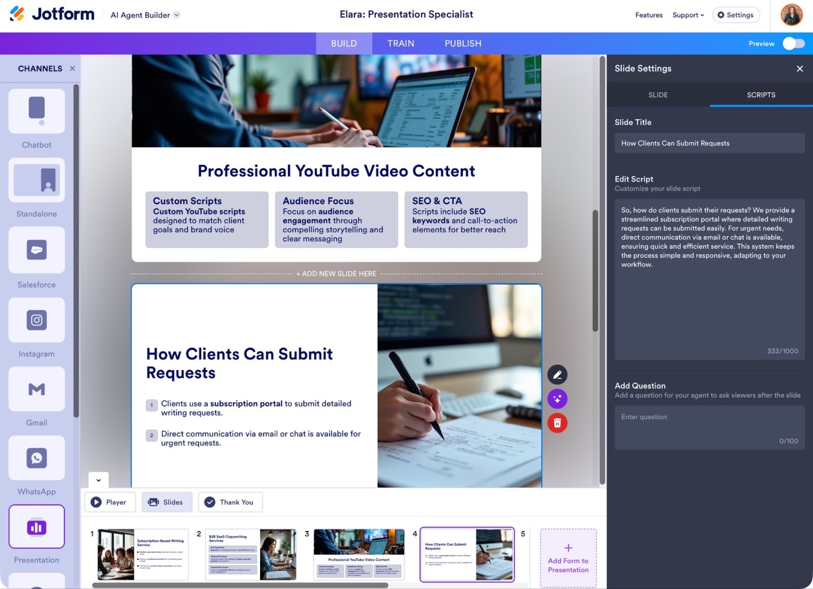 Jotform AI Presentation Agent interface showing an interactive presentation builder with slides, navigation panel, and AI chat assistant for guiding viewers