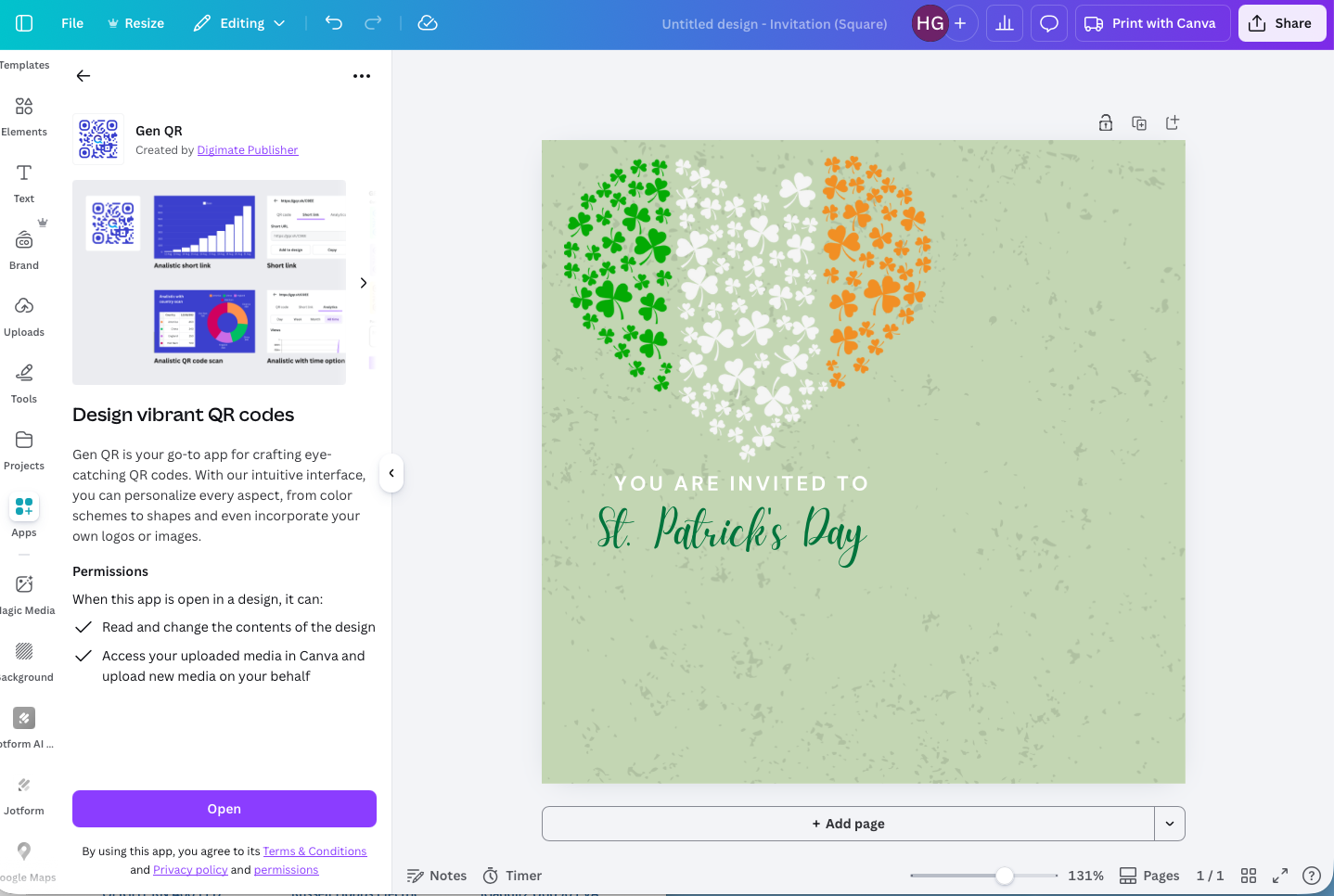 Canva editor with the Gen QR sidebar