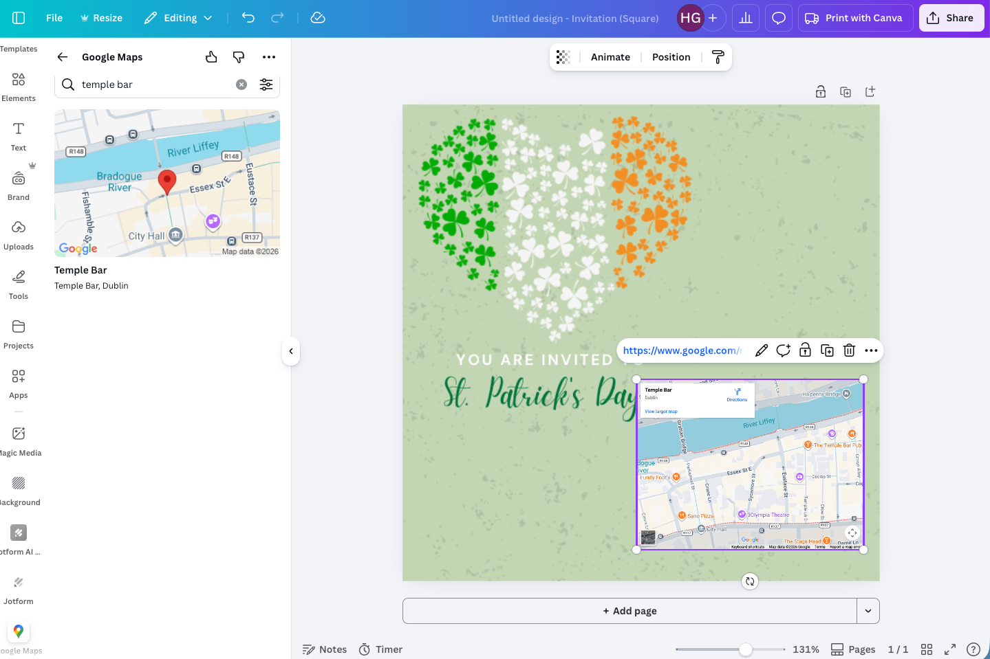 Screenshot of Canva editor showing a map element being positioned on a St