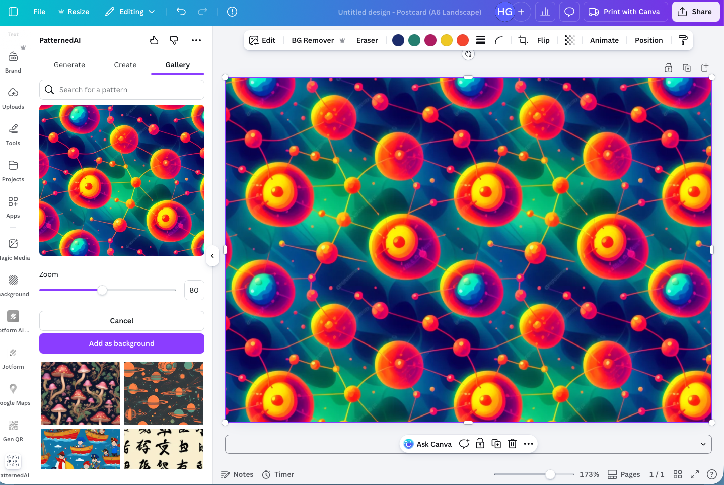 Canva editor displaying PatternedAI gallery patterns with a colorful repeating pattern preview