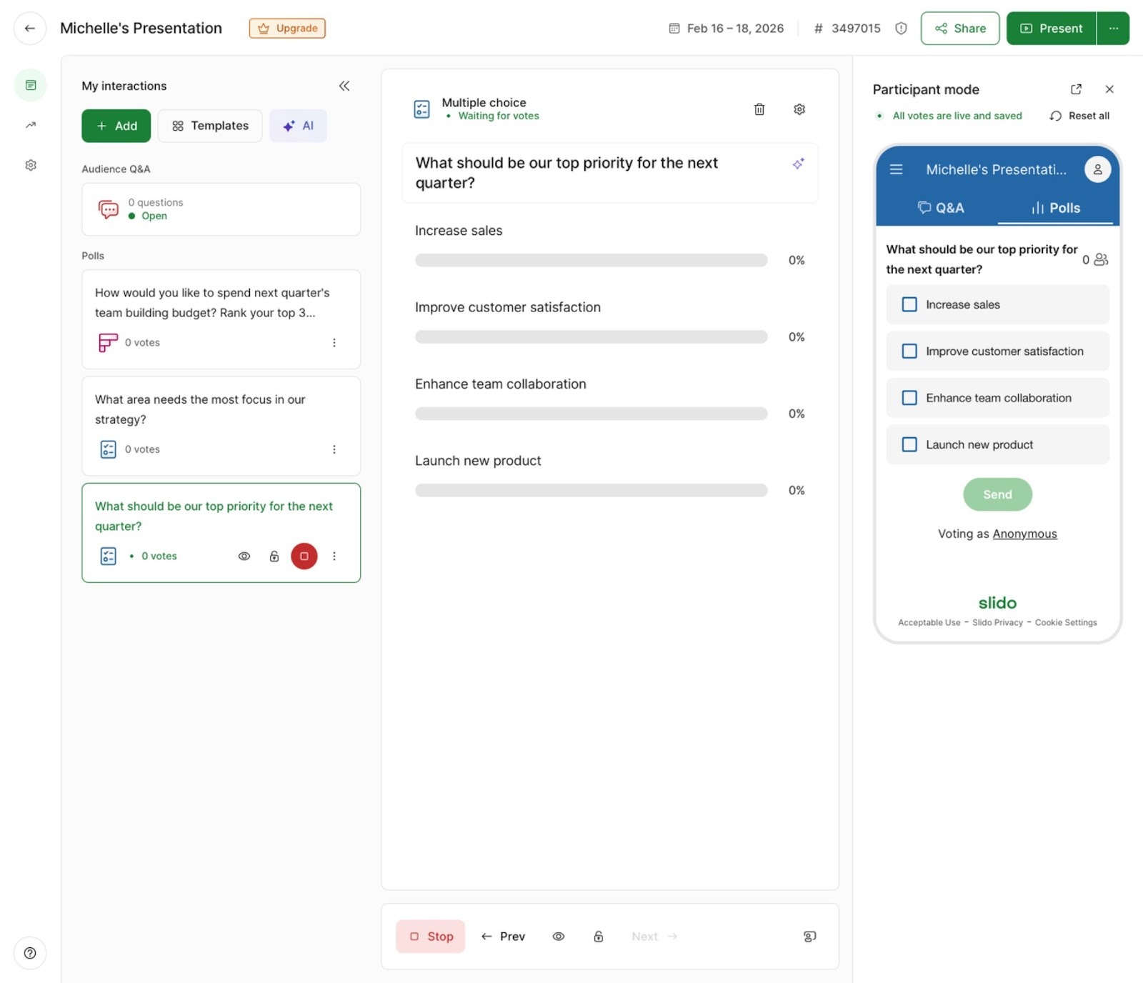 Slido presentation interface displaying live polls, audience questions, and participant interaction tools integrated with a slide presentation