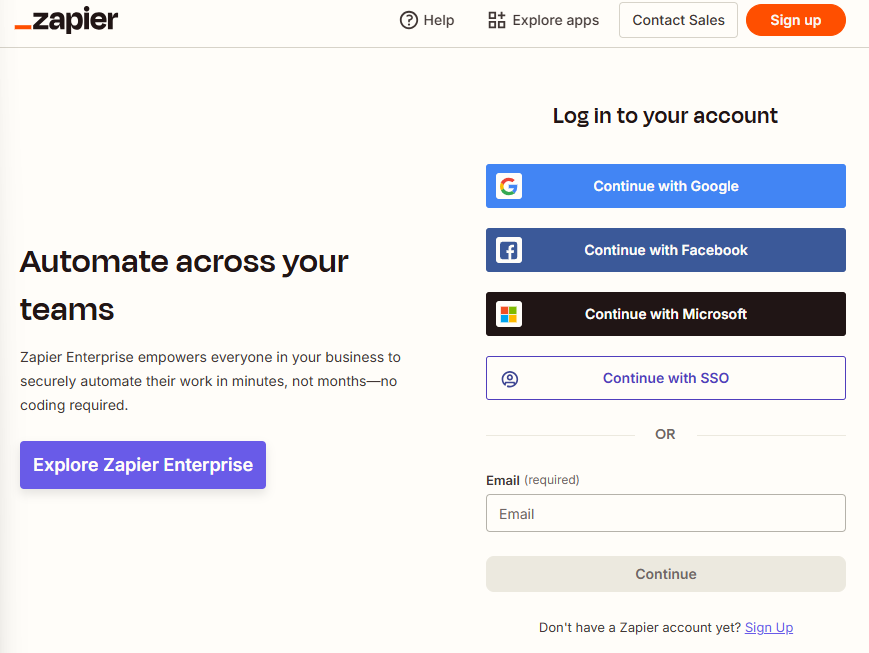 Zapier login page with sign-in options, shown as step one for connecting Google Forms to Pipedrive