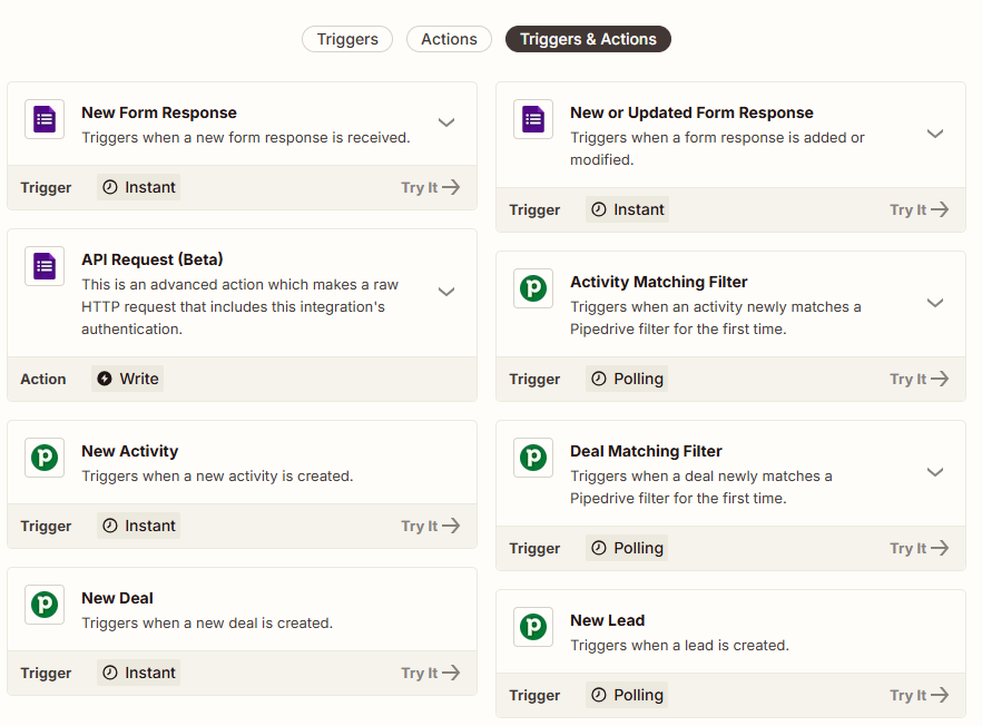 Zapier workflow setup screen showing trigger and action options for building a Google Forms to Pipedrive automation