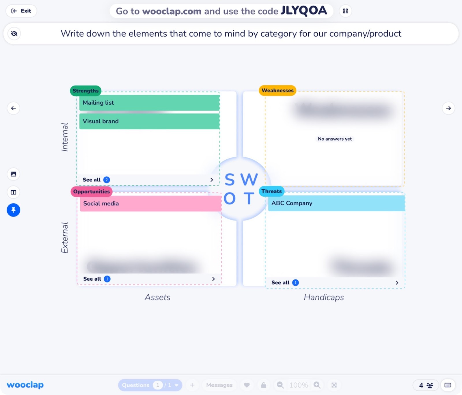 Wooclap interactive board showing categorized brainstorming responses from participants during a live training session