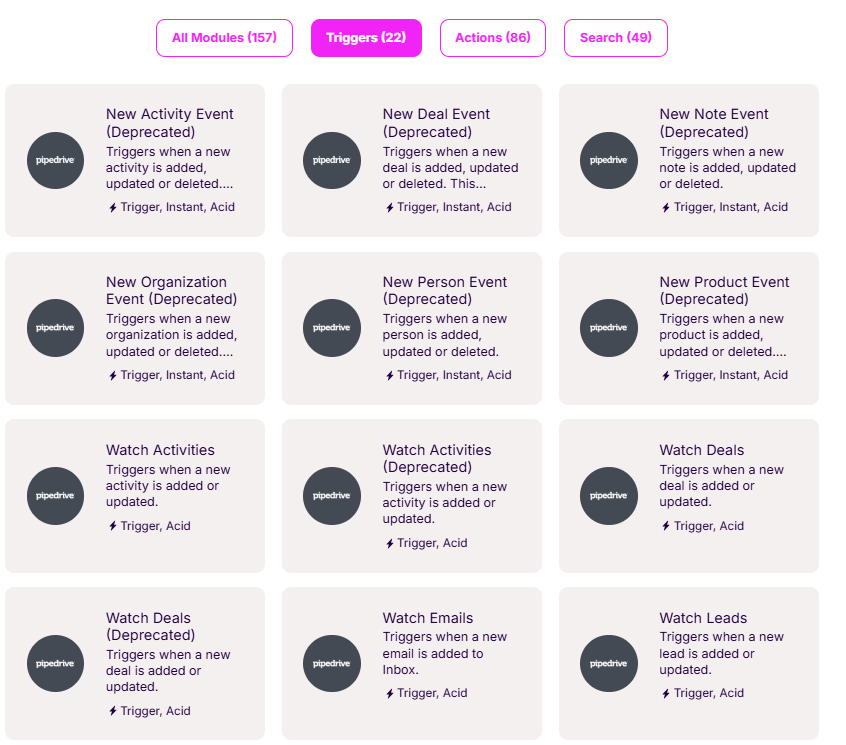 Make scenario builder showing Google Forms triggers and Pipedrive action modules for creating deals, activities, and contacts