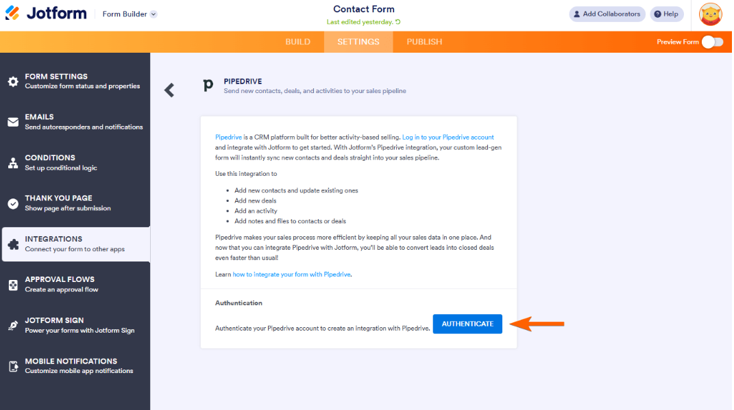 Jotform integrations settings panel with Pipedrive selected and a button to connect the account