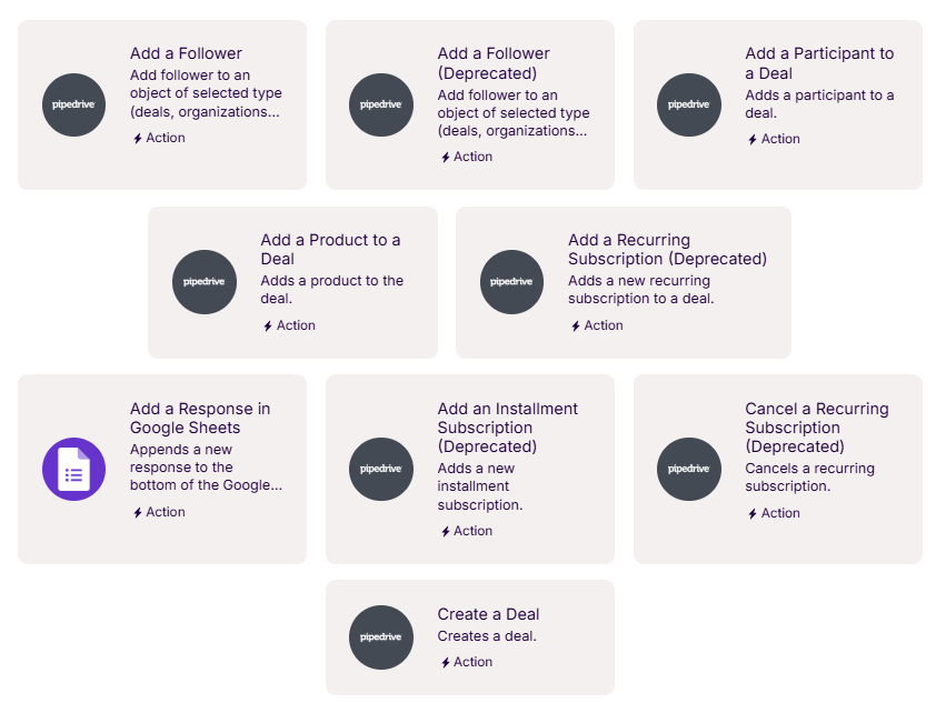 Workflow setup screen in Make with selectable Google Forms triggers and Pipedrive actions for custom automation