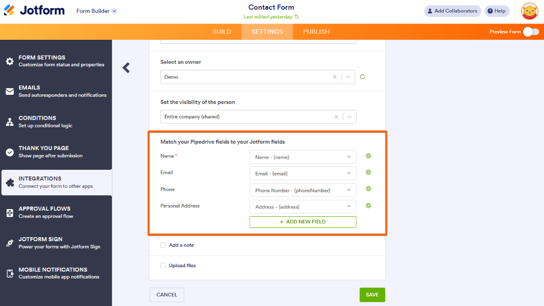 Jotform field mapping screen linking form inputs to Pipedrive fields such as name, email, and deal details