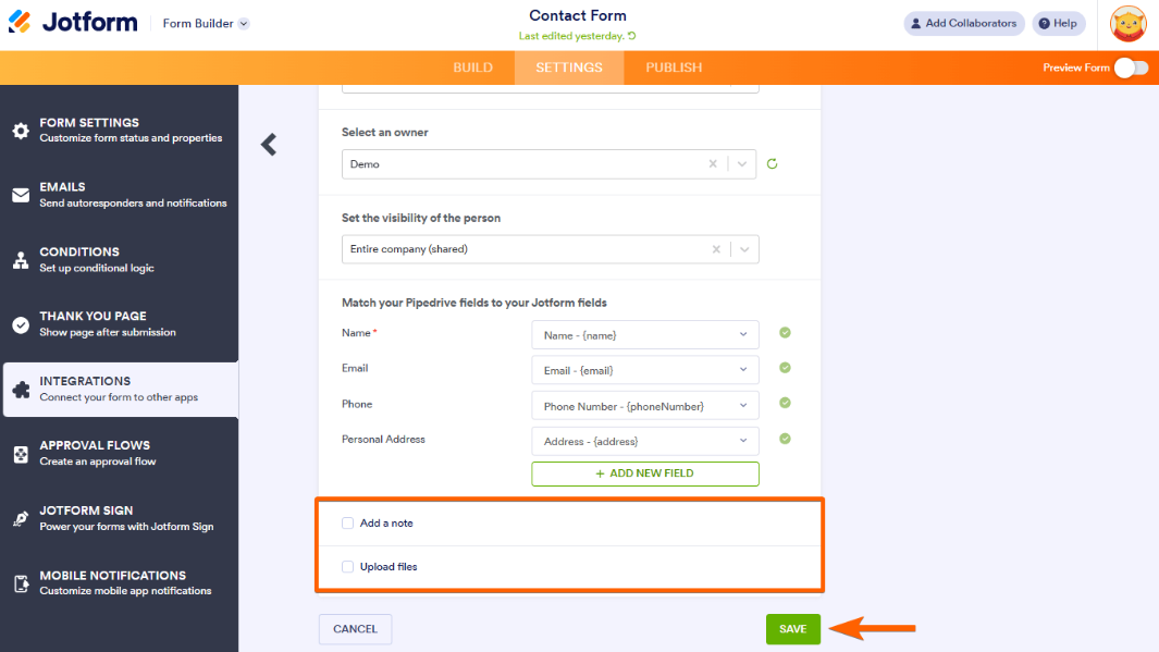 Jotform integration setup confirmation screen showing completed Pipedrive connection and enabled automation settings