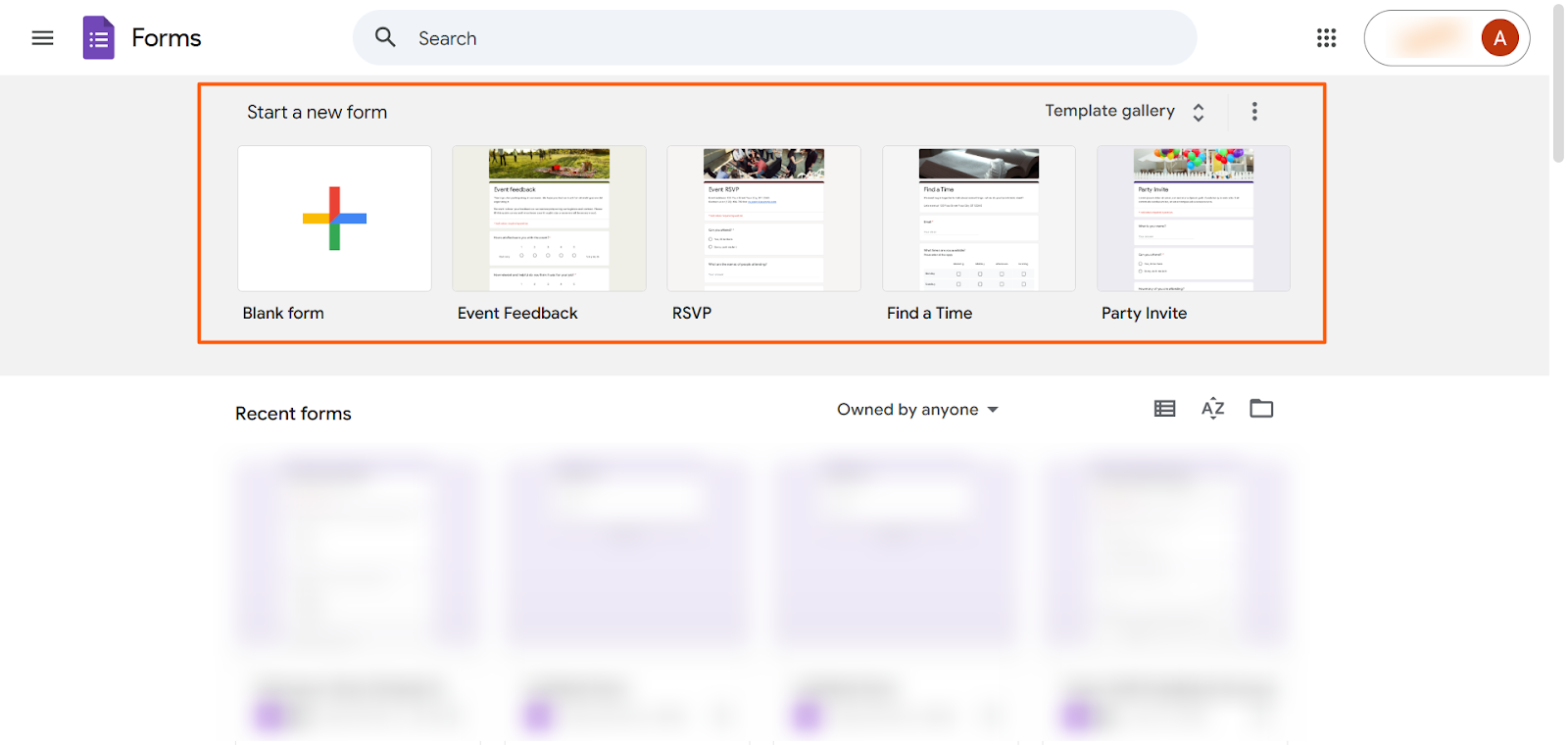 Google Forms homepage with template selection panel highlighting different prebuilt form designs