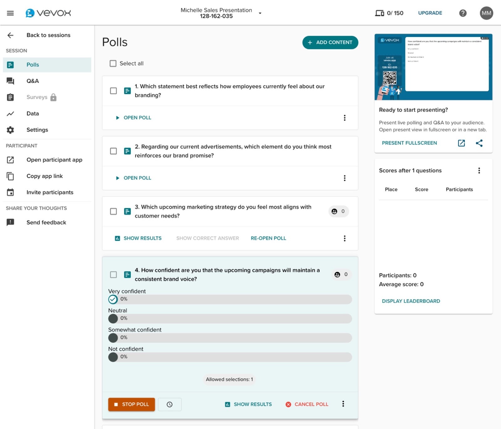 Vevox polling dashboard displaying live poll questions, response results, and presentation integration controls
