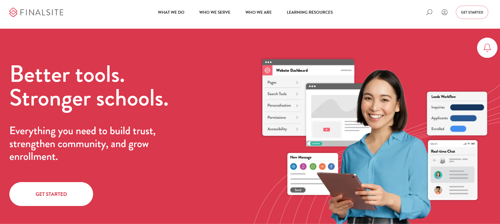 Screenshot of Finalsite's landing page, showing a headline "Better tools
