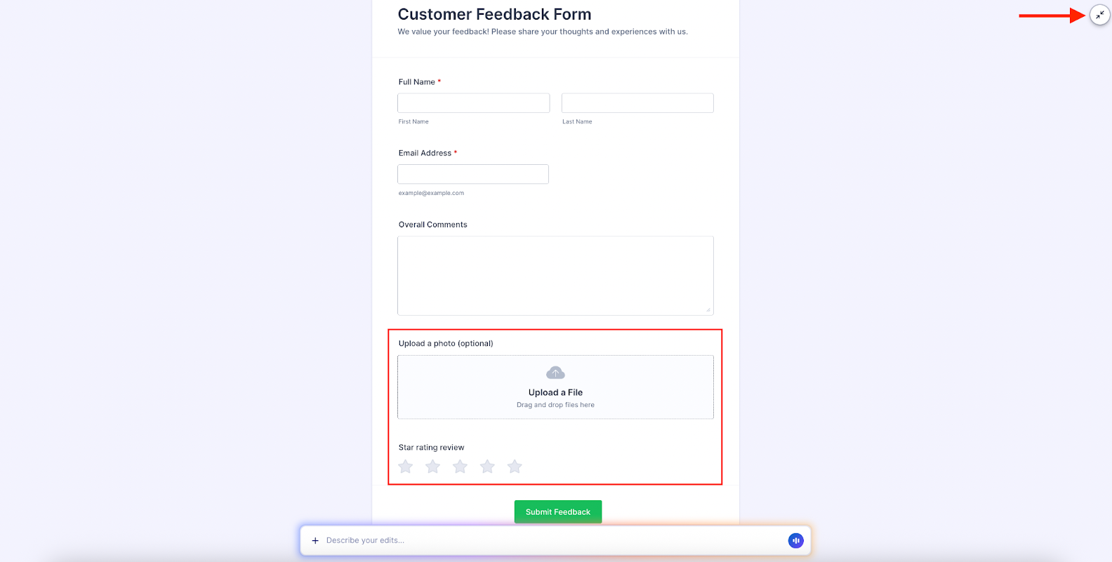 Clicking on the double arrow on the top right of the screen to expand the form