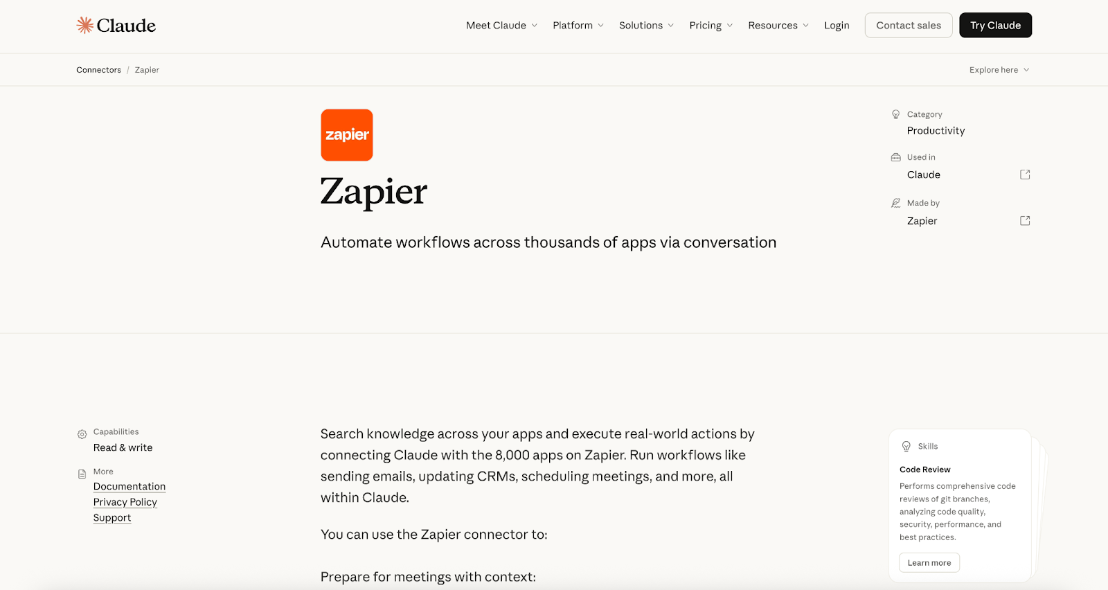 Claude interface showing Zapier connector page