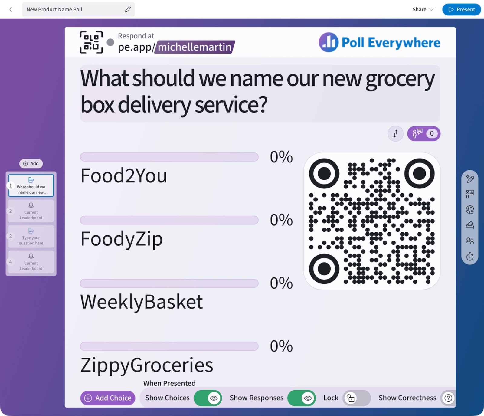 Poll Everywhere slide showing a live audience poll with answer options and a QR code for participants to join and vote