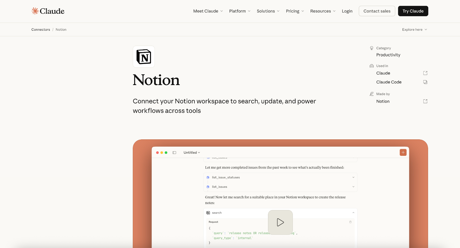 Claude interface showing Notion connector page