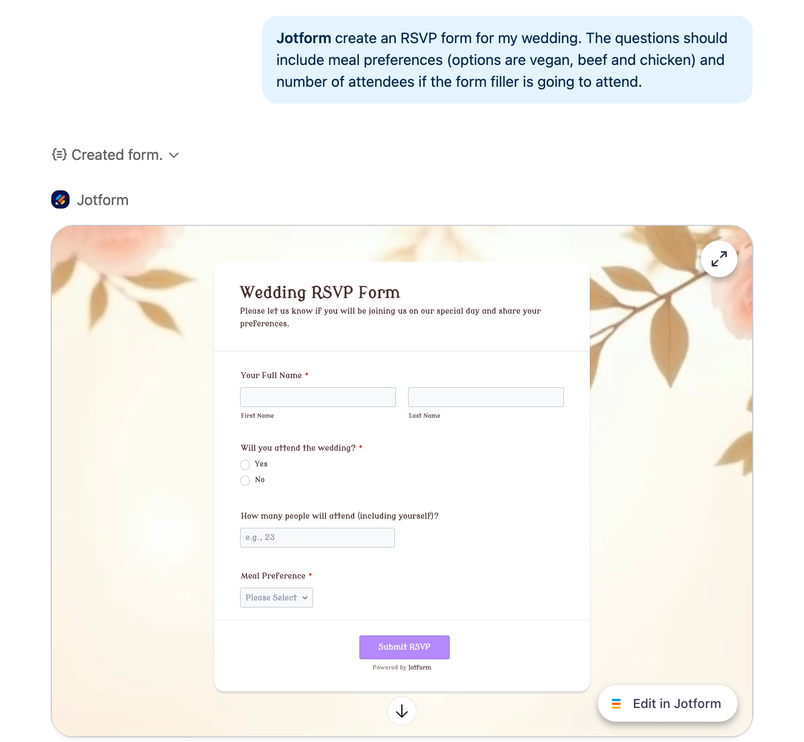 Screenshot of a Jotform-generated wedding RSVP form inside ChatGPT, showing fields for name, attendance confirmation, number of guests, meal preference, and a “Submit RSVP” button, with an option to edit the form in Jotform