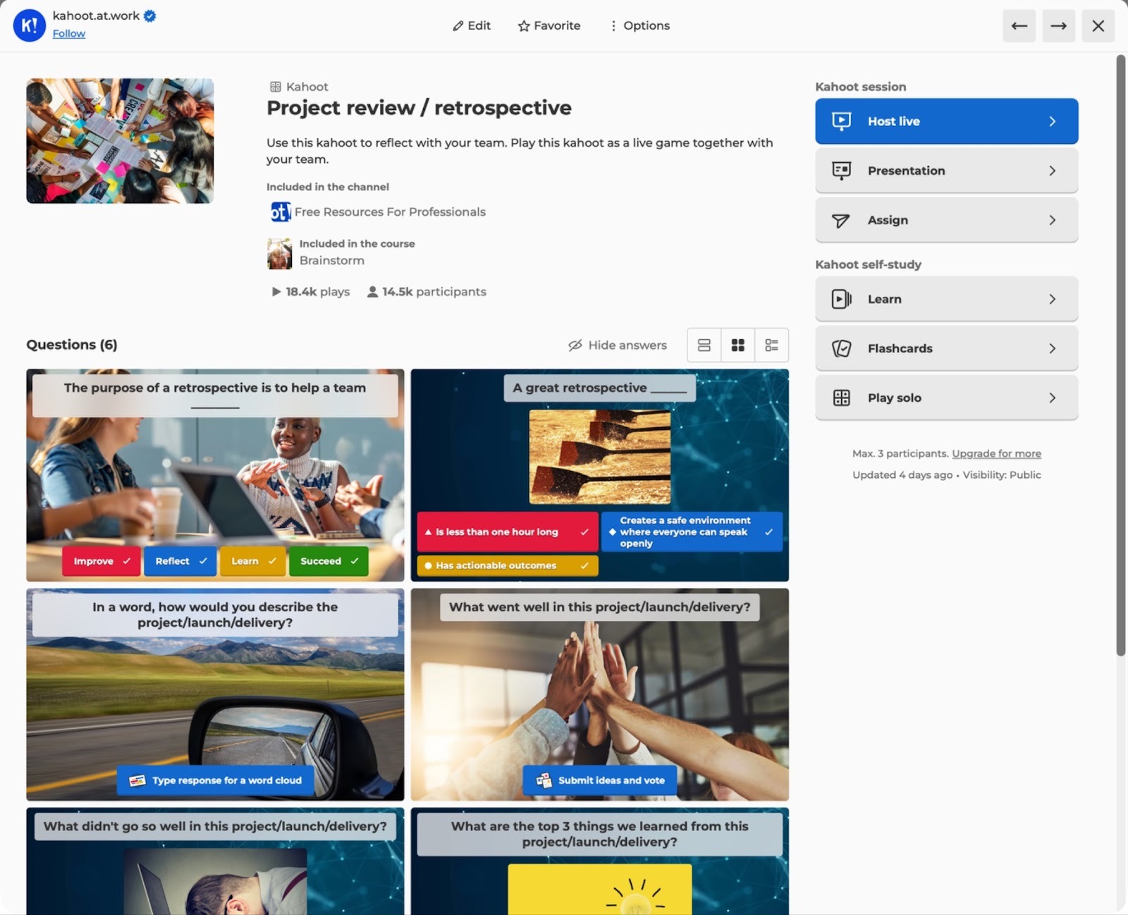 Kahoot dashboard showing a quiz presentation with multiple question slides and interactive game-style learning elements