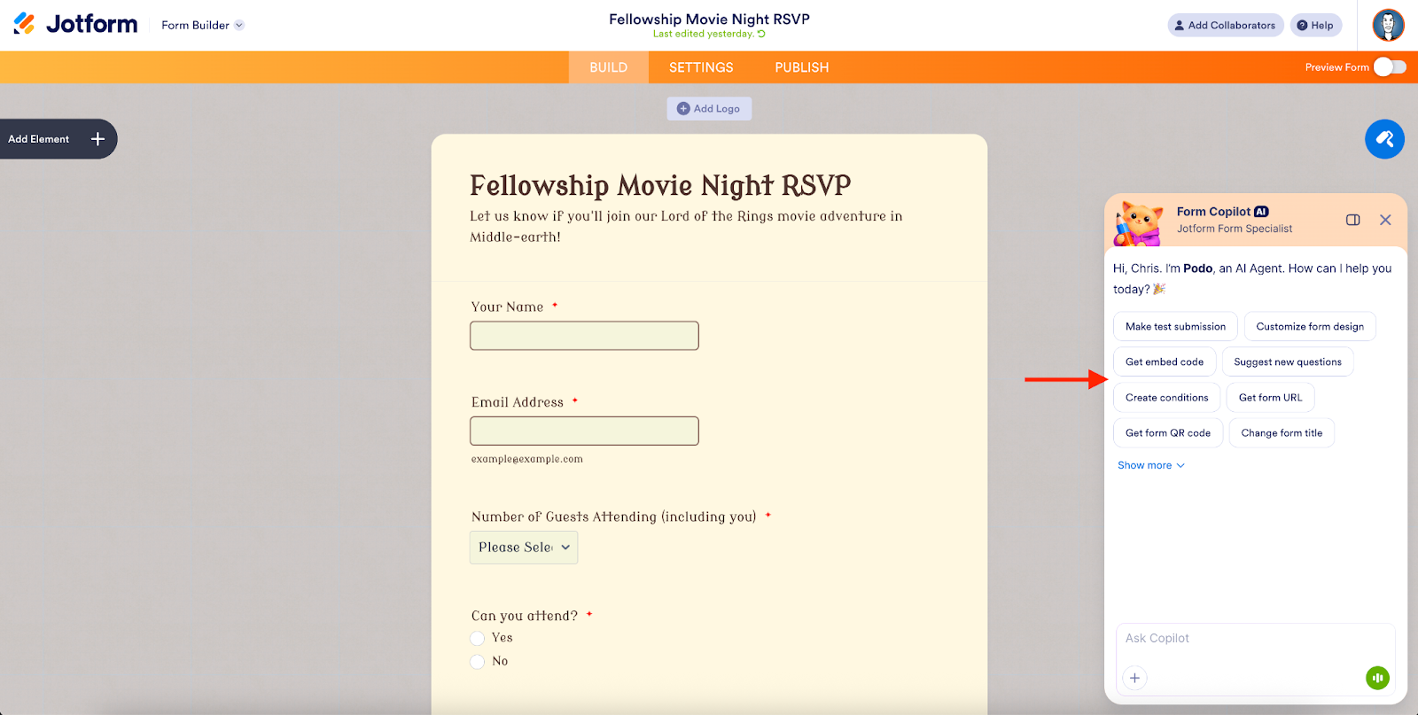 Viewing the automatically suggested tasks on Jotform Form Copilot