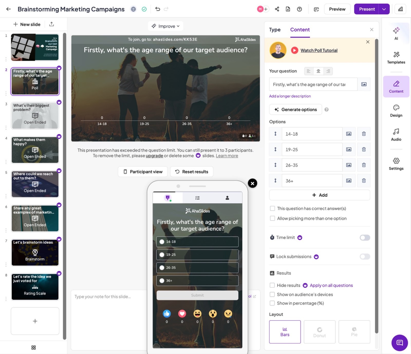AhaSlides presentation editor with slide thumbnails, live audience poll results, and interactive quiz elements for engaging presentations