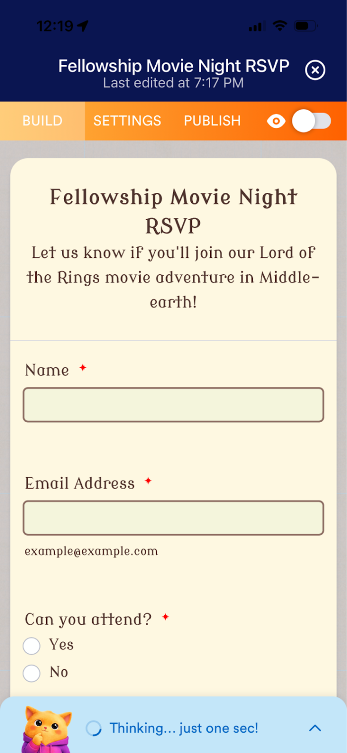 Jotform Copilot thinking at the bottom of the mobile version of Jotform AI
