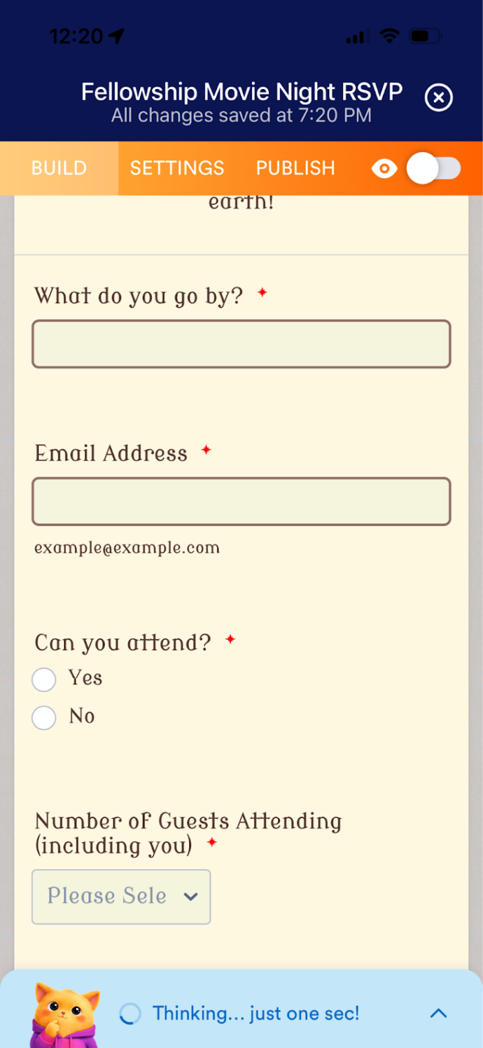 Jotform Copilot thinking at the bottom of the mobile version of Jotform AI