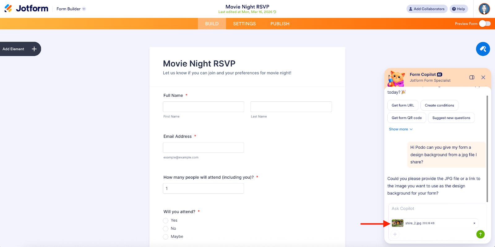 Viewing the added file on the chat with the Form Copilot