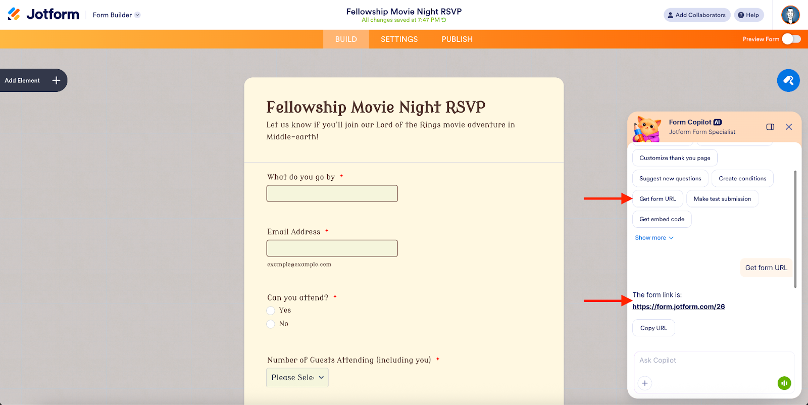 Viewing the form sharing link on the Jotform AI