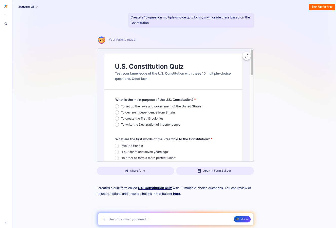 Entering a "Create a 10-question multiple-choice quiz for my sixth grade class based on the Constitution