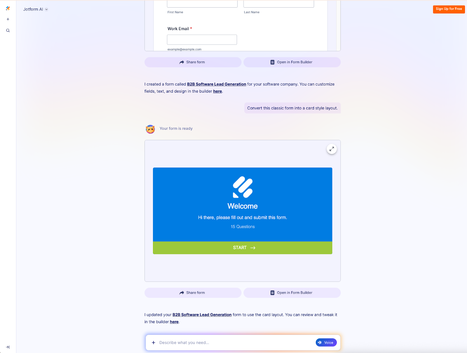 Entering the prompt "Convert this classic form into a card style layout