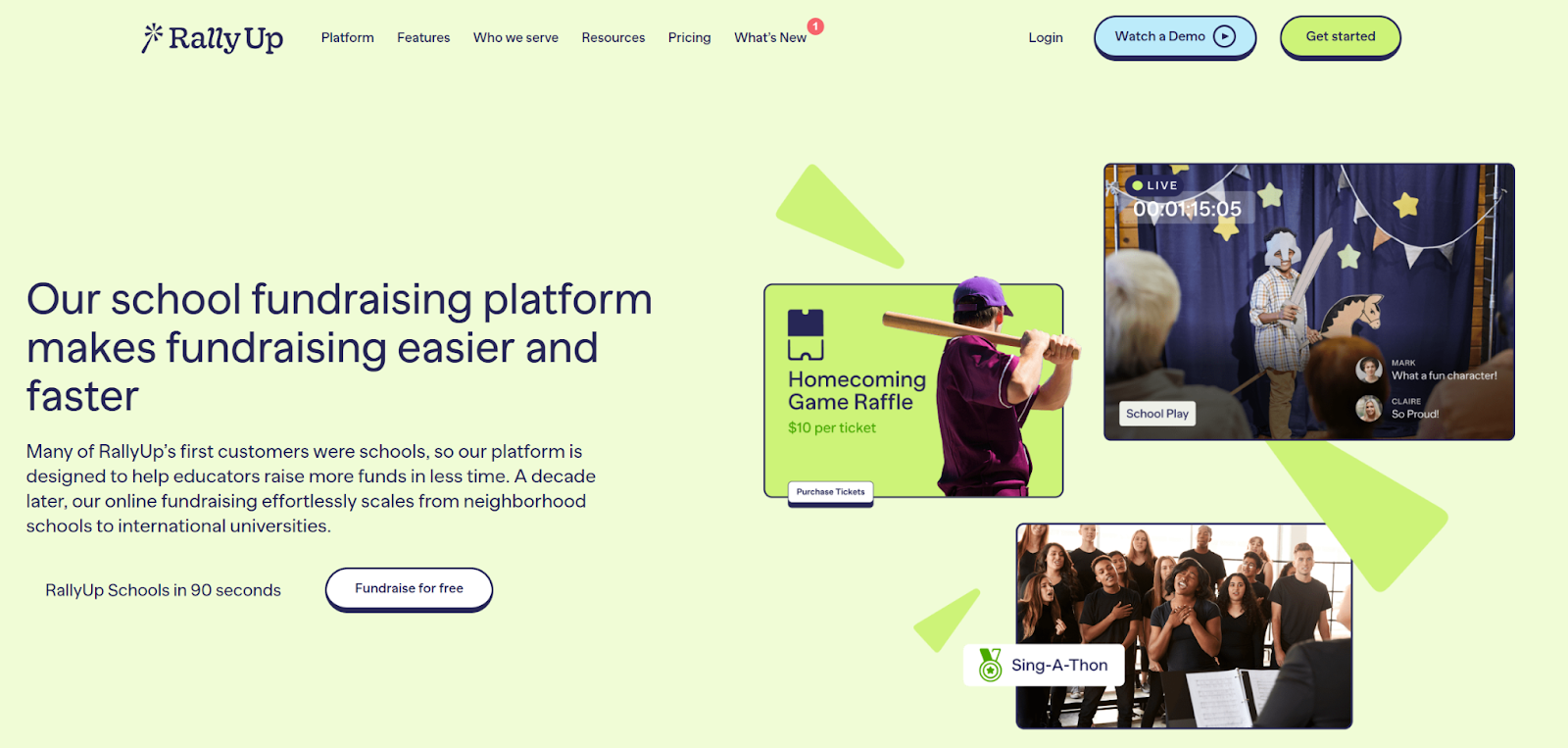 Screenshot of RallyUp's landing page, showing a headline "Our school fundraising platform makes fundraising easier and faster"