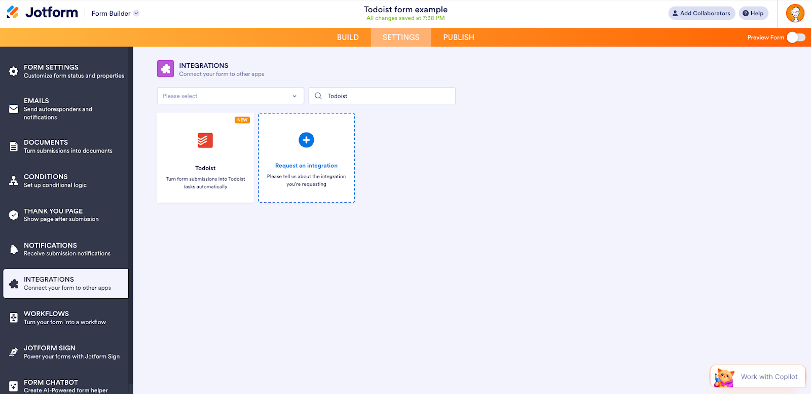 Searching for the Todoist integration on the Integration page on Jotform Form Builder