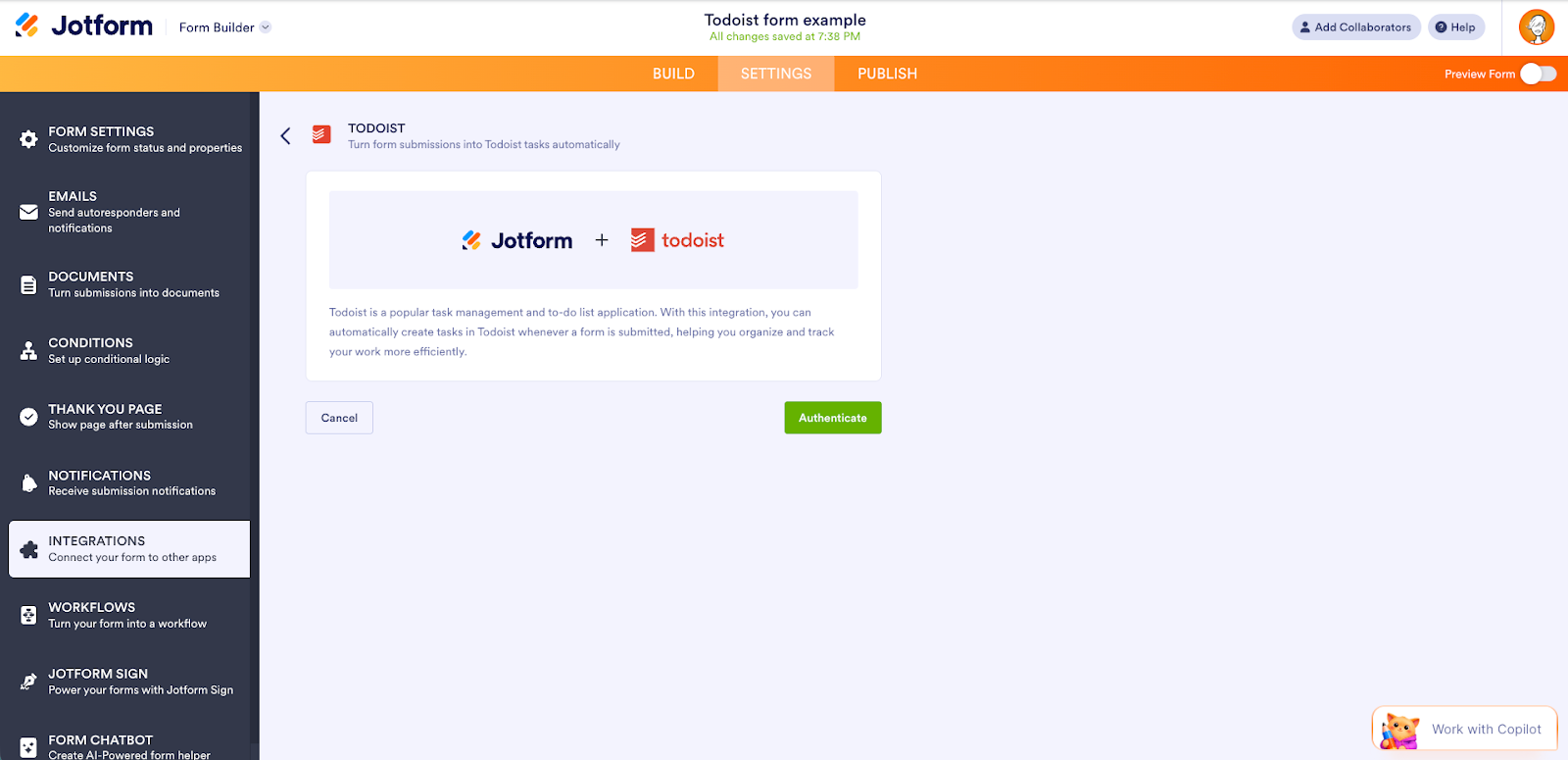Viewing the Todoist Integration on the Jotform Form Builder