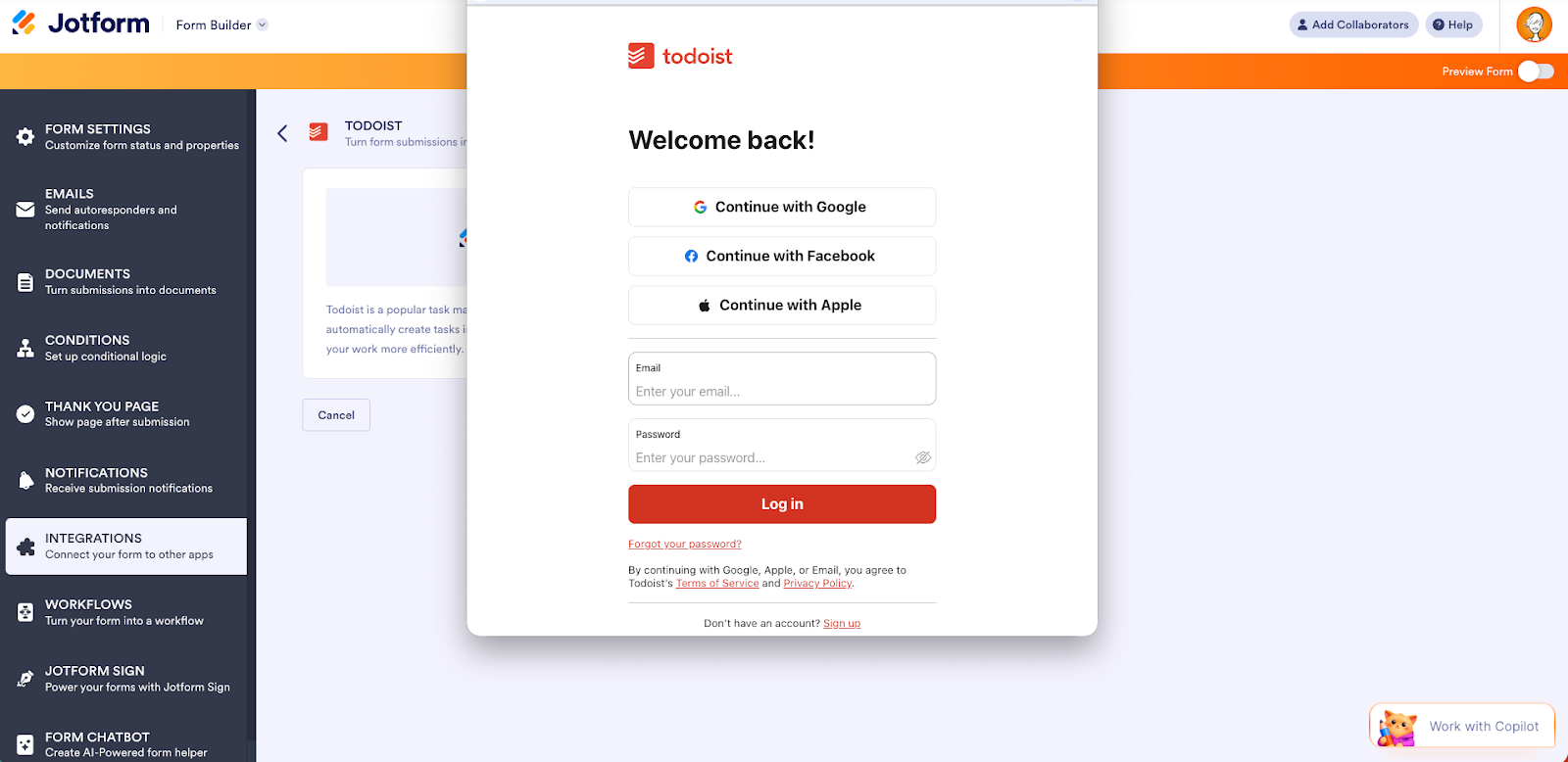 Clicking on the Authenticate button on the Todoist integration window