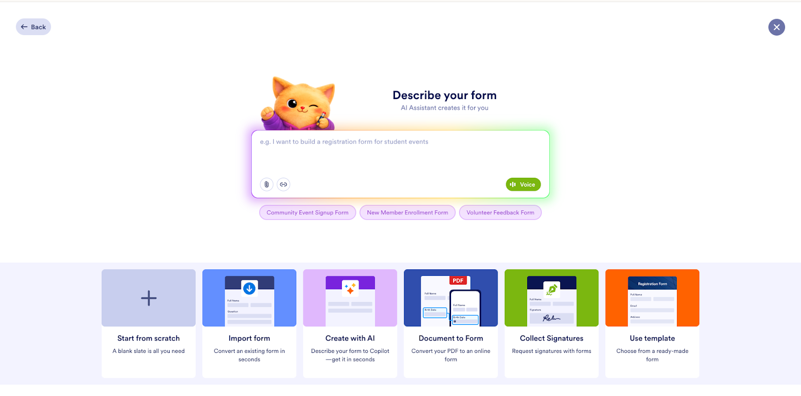 Viewing the Describe your form page on Jotform Workspace