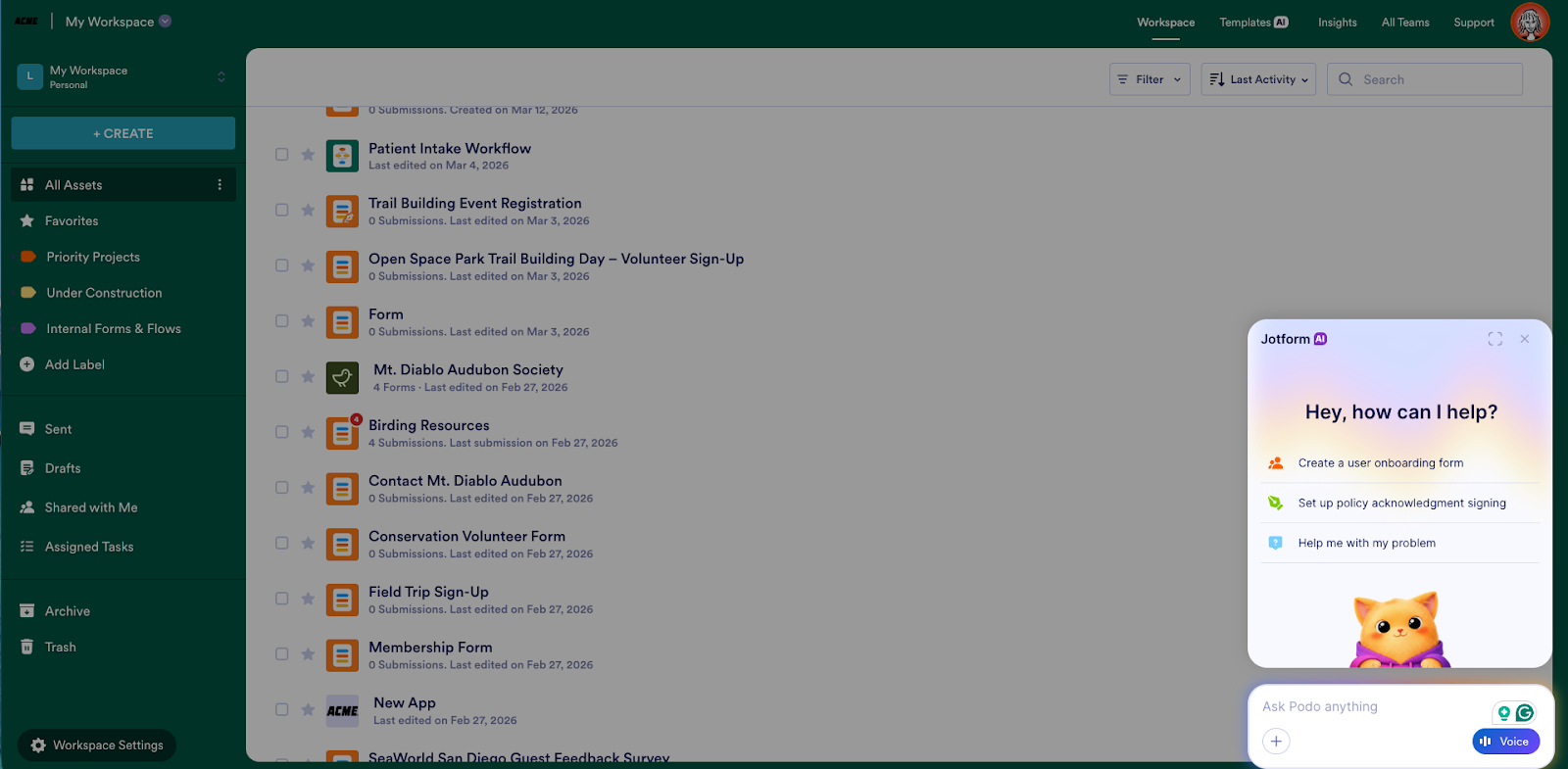 Viewing the Ask Podo anyting button on the bottom right corner of the page