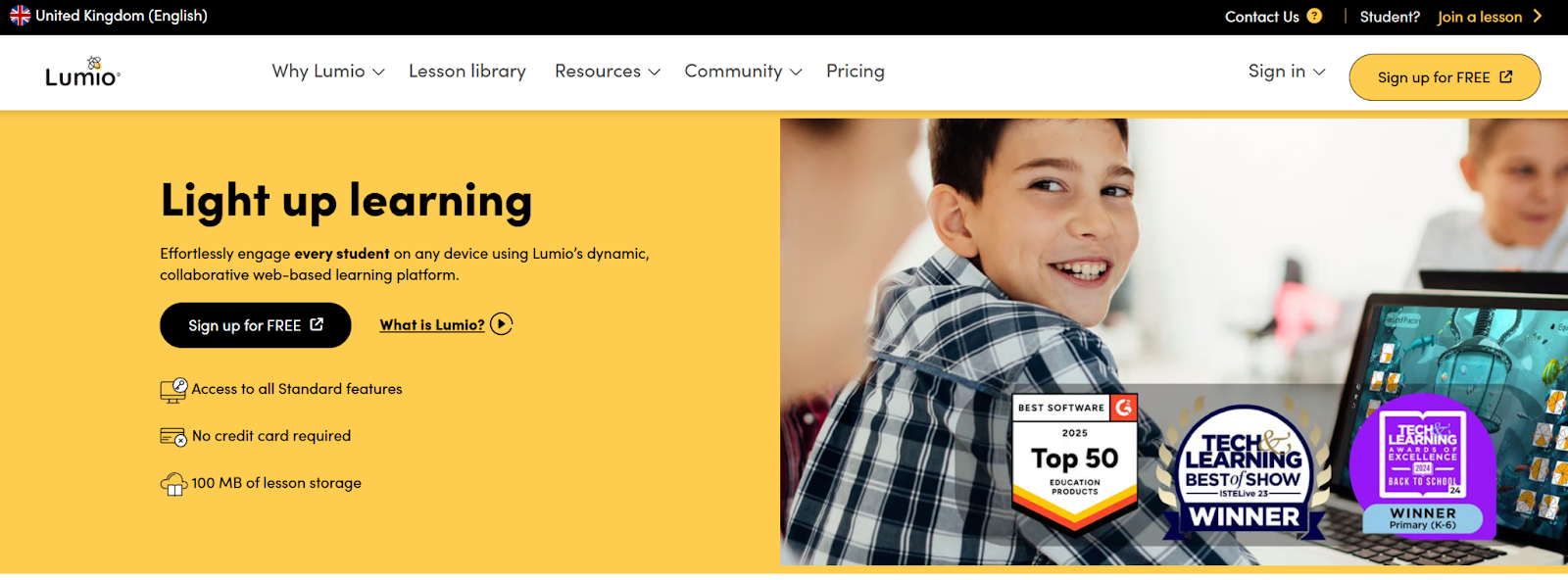 Screenshot of Lumio's landing page, showing a headline "Light up learning"