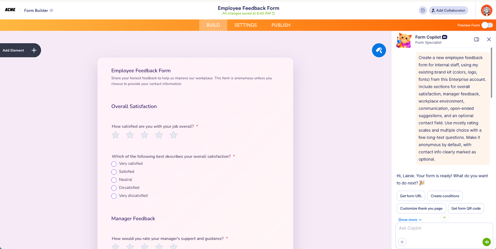 Viewing the prompt on the Jotform Form Copilot to make a form