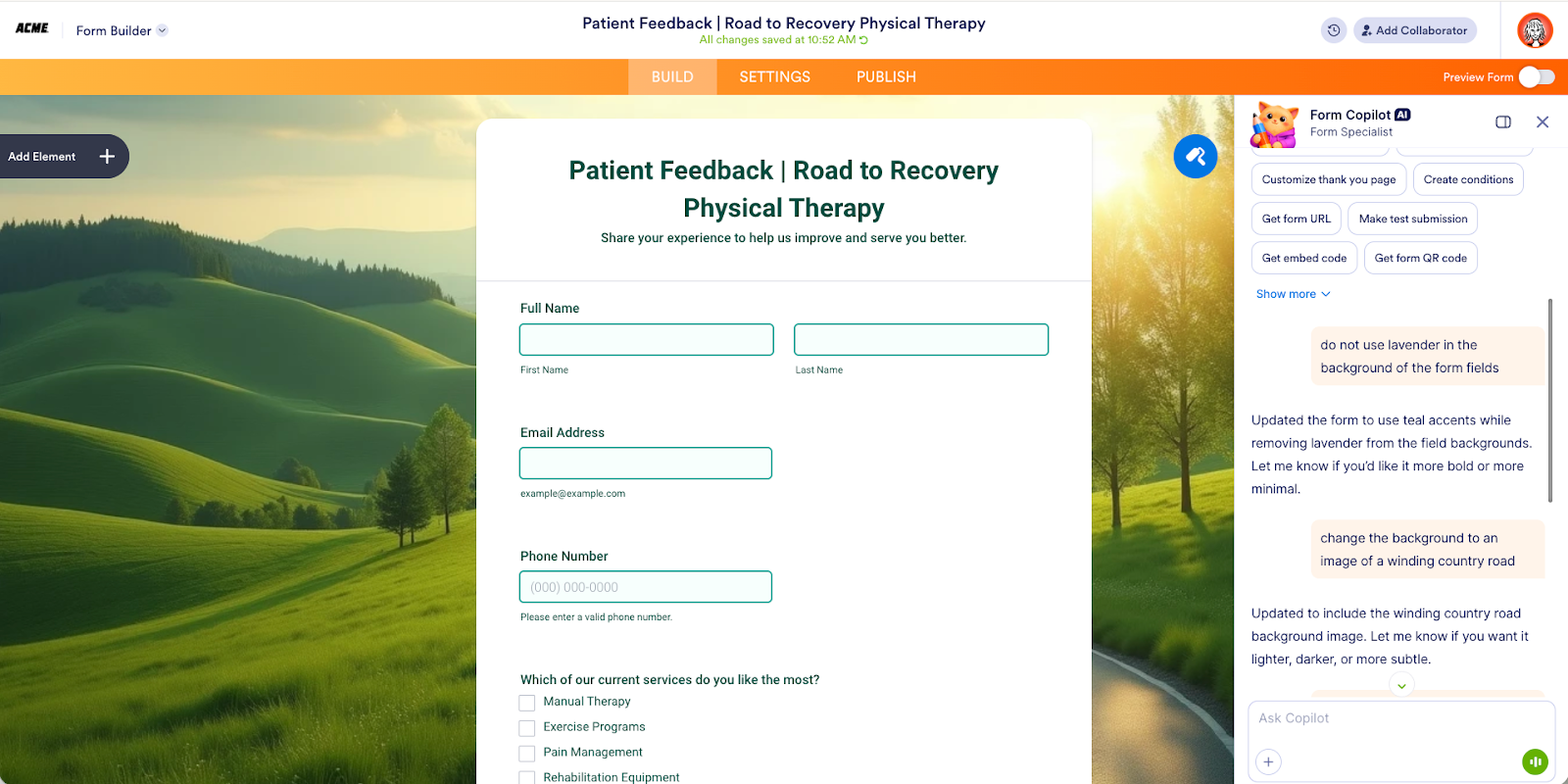 Viewing the messages to change the form background with Jotform AI on the Jotform Form Builder