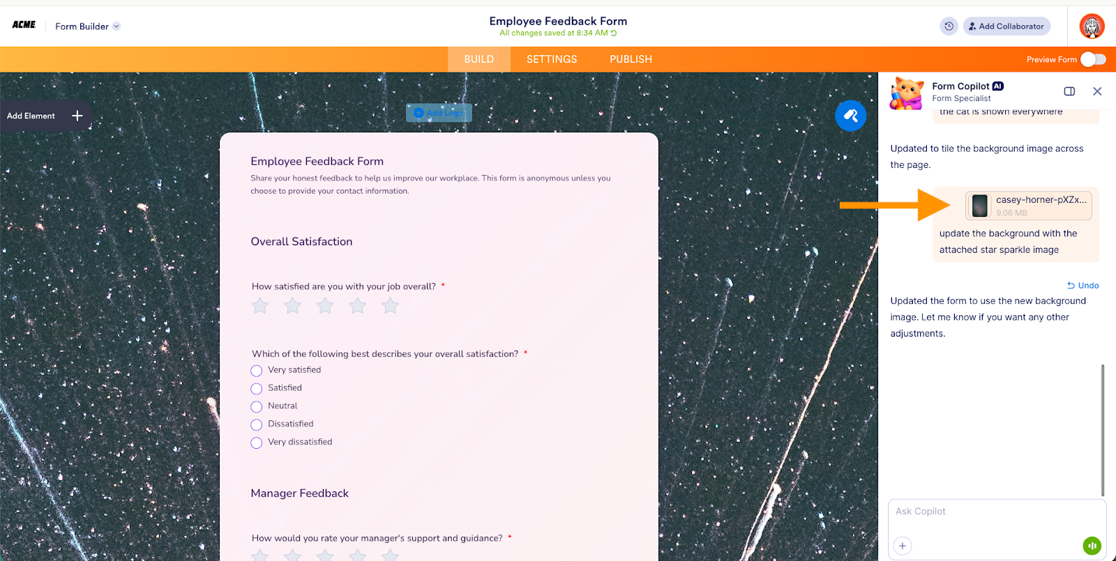 Viewing the added background image on the Jotform Form Copilot 