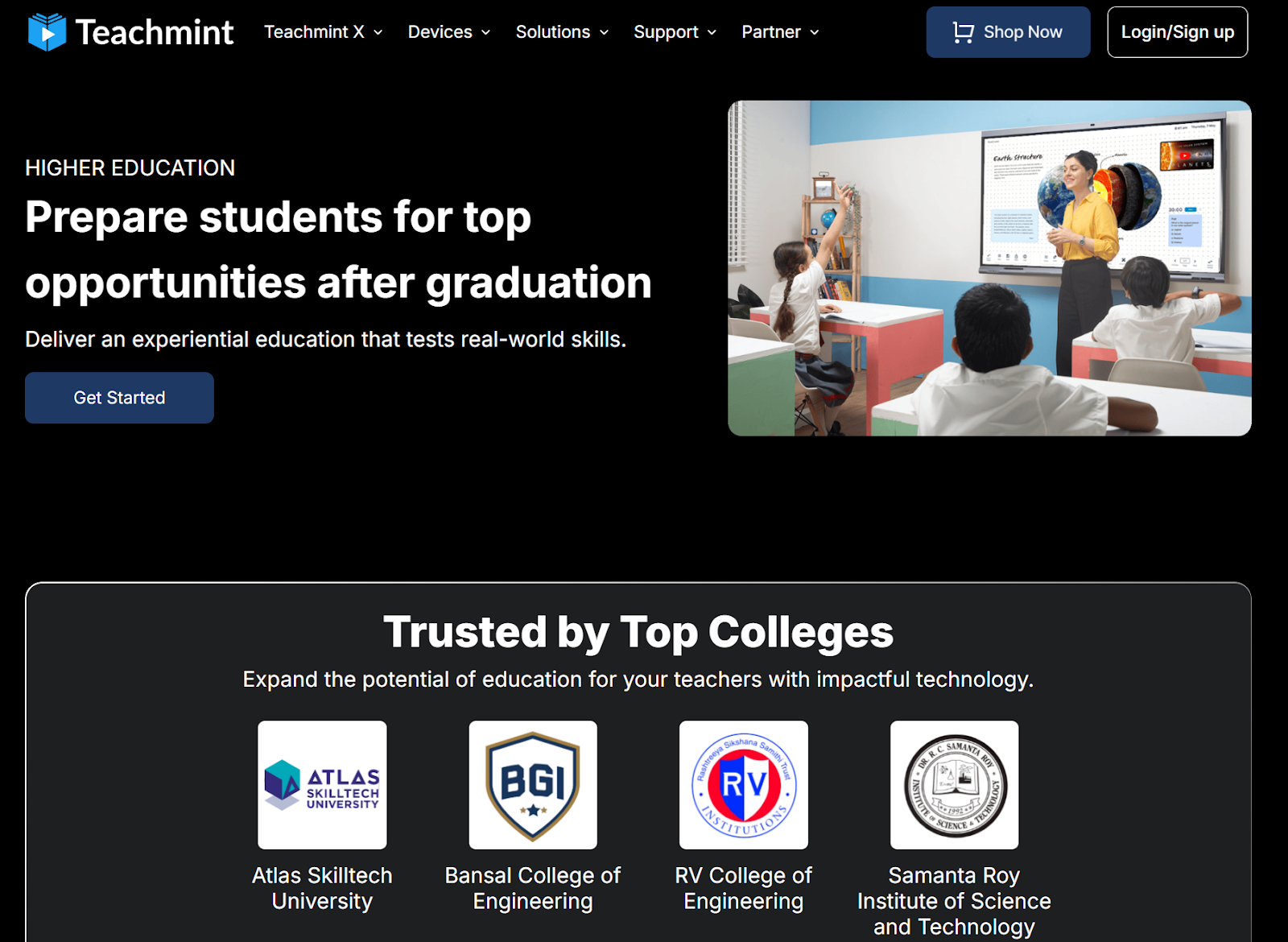 Screenshot of Teachmint's landing page, showing a headline "Prepare students for top opportunities after graduation"