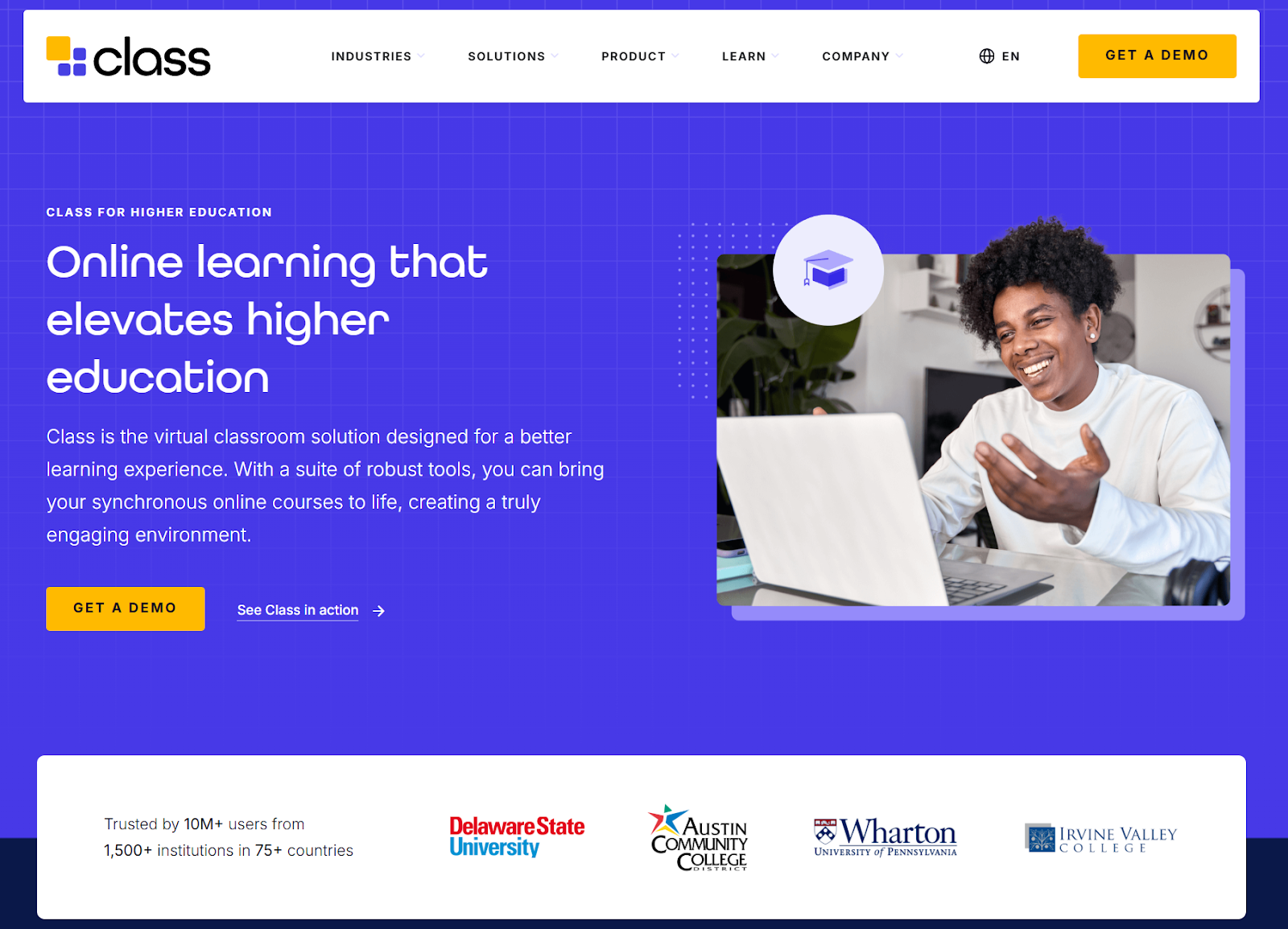 Screenshot of Class Collaborate's landing page, showing a headline "Online learning that elevates higher education"