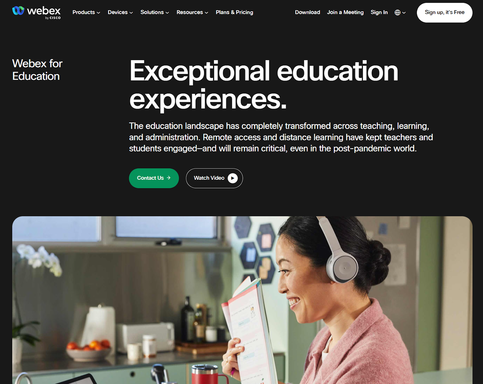 Screenshot of Webex's landing page, showing a headline "Exceptional education experiences