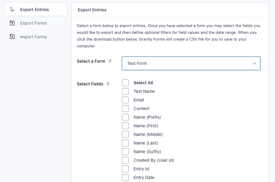 Screenshot of Gravity Forms’ “Export Entries” page, showing a form dropdown, a list of selectable fields, and options for exporting form submissions as a CSV file