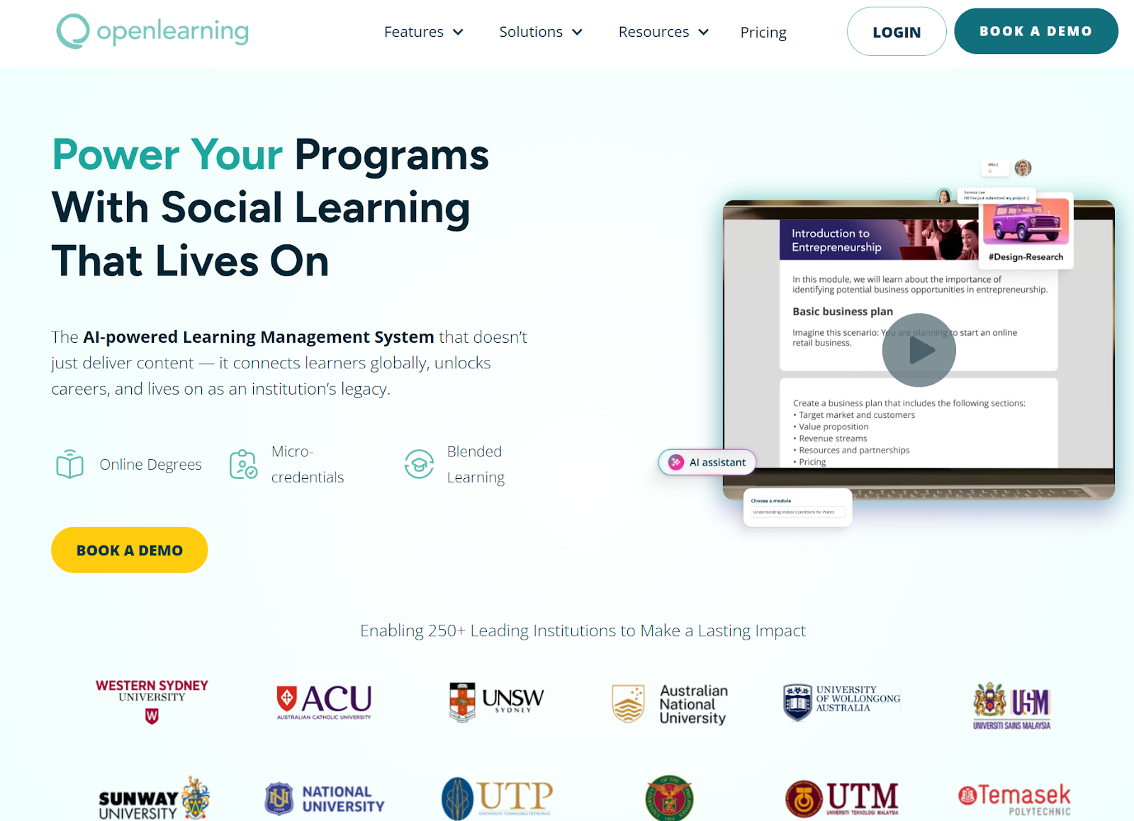 Screenshot from OpenLearning, one of the best software for teachers, showing a video and educational institutions that rely on this edtech tool