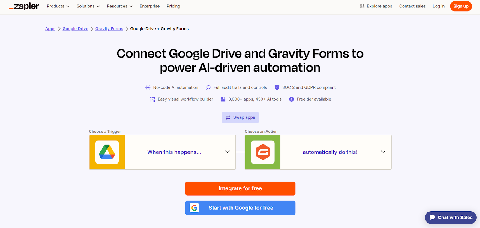 Screenshot of a Zapier setup page titled “Connect Google Drive and Gravity Forms to power AI-driven automation,” showing Google Drive and Gravity Forms connected in a workflow builder