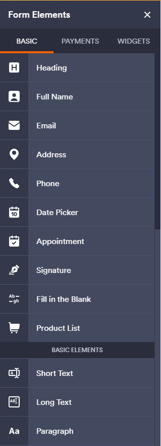 Jotform Form Builder Form Elements Menu