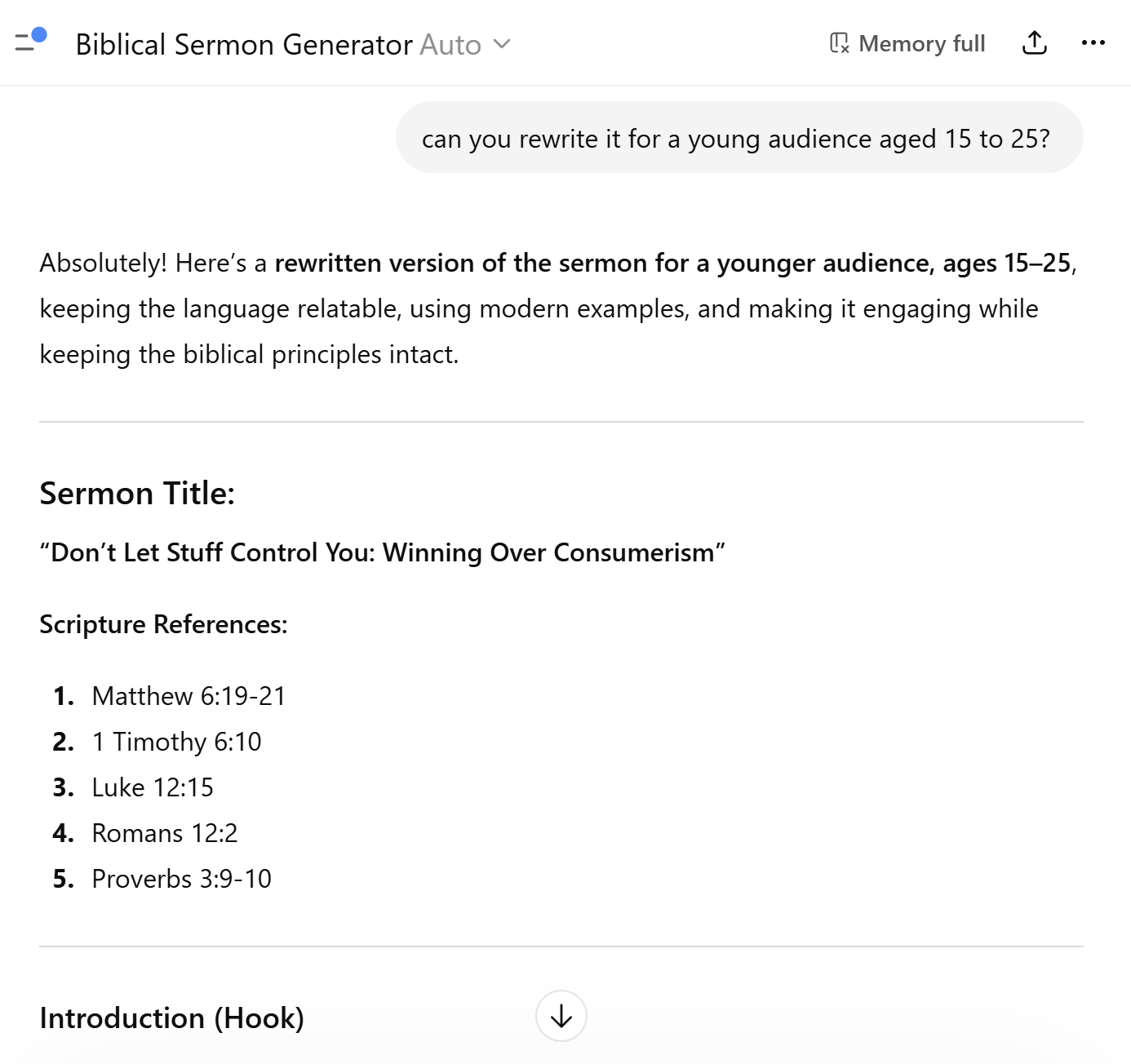 Biblical Sermon Generator Chat Screen